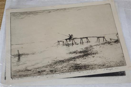 Julius Komjati, two etchings, Children fishing and Thatched cottage in a storm, one signed in pencil, one in the plate, 20 x 29cm, unfr